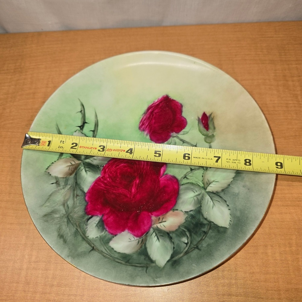 9" Haviland Limoges France Hand-Painted Display Plate Gold Rimmed Rose Red Green - Picture 4 of 8